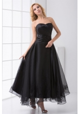 Black Strapless Ankle-length Prom Dresses with Embroidery