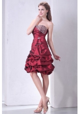 Strapless Burgundy Knee-length Prom Gown with Beading and Pick-ups