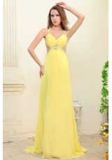 Column Straps Light Yellow Chiffon Dress for Prom with Cut-out