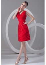 Mini-length Column V-neck Strapless Red Chiffon Formal Prom Dress