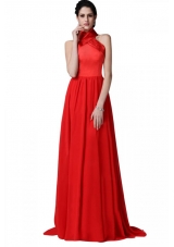 2014 Most Popular Red Halter Top Chiffon Prom Dresses with Ruching