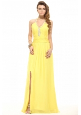 Empire Light Yellow Halter Top Beading Chiffon Prom Dress with Slit