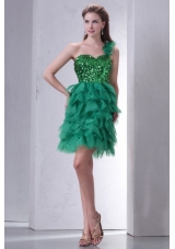 Mini-length One Shoulder Green Cocktail Dress with Sequins