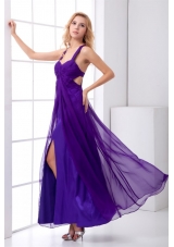 Luxurious Ruching Purple Ankle-length Prom Dresses with Criss Cross