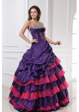 Eggplant Purple Ball Gown Sweetheart Beaded and Tiered Sweet-15 Dresses