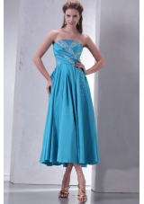 Aqua Blue Empire Strapless Tea-length Prom Gown with Beading