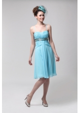 Straps Ruched Beading Blue Chiffon Lovely Prom Party Dress