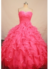 Pretty ball gown sweetheart-neck floor-length organza beading waterlmelon quinceanera dresses with rolling flowers