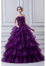 2014 Eggplant Purple Strapless Ball Gown Beading and Embroidery Quinceanera Dress