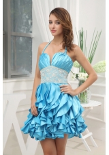 A-line Aqua Blue Halter Top Ruching Ruffles Lace Prom Dress