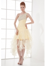 A-line One Shoulder High-low Ruchings Beading Organza Light Yellow Prom Dress