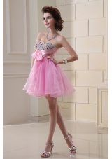 A-line Organza Prom Dress with Beading Ruchings Rose Pink Sweatheart