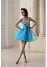 A-line Sweetheart Organza Ruching Mini-length Prom Dress in Baby Blue