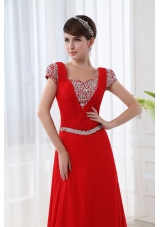 Empire Red Floor-length Square Beading and Ruching Cap Sleeves Prom Dress