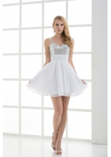 A-line Straps White Sleeveless Beading and Ruching  Prom Dress