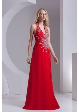 Column Halter Top Chiffon Beading Ruching Red Prom Dress