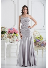 A-line One Shoulder Satin Beading and Ruching Prom Dress in Sliver