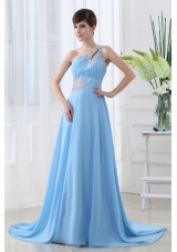 Aqua Blue One Shoulder Beading and Ruching Court Train Prom Dress