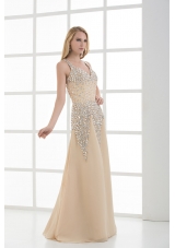 Column Floor-length Beading Organza Champagne Prom Dress