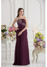 Dark Purple Column Strapless Floor-length Ruching Beading Prom Dress