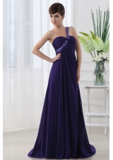 Empire One Shoulder Brush Train Appliques Purple Prom Dress