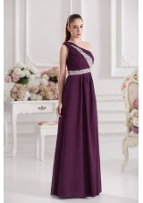 Empire One Shoulder Floor-length Beading Ruching Purple Prom Dress