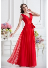 Empire V-neck Ruching Sashes Chiffon Prom Dress with Wine Red