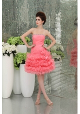 Strapless A-line Organza Watermelon Prom Dress with Ruffled Layers