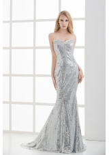 Sweetheart Sleeveless Silver Mermaid Brush Train Prom Dress with Sequins