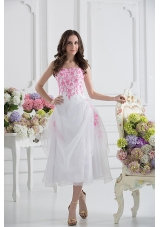 A-line Strapless White Organza Tea-length Prom Dress with Appliques