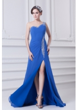 Blue One Shoulder Column Prom Dress with Beading and High Slit