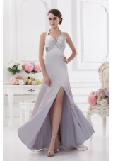 Column Halter top High Slit Beading Prom Dress in Light Grey