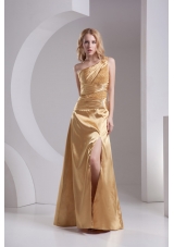 Column One Shoulder High Slit Beading Ruching Taffeta Prom Dress in Gold