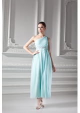 Empire Light Blue One Shoulder Beading and Ruching Prom Dress