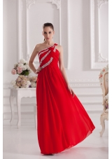 Empire One Shoulder Floor-length Beading Red Prom Dress