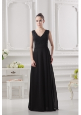 Empire V-neck Floor-length Ruching Black Prom Dress