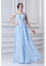 Light Blue Off The Shoulder Empire Chiffon Prom Dress with Beading and Ruching