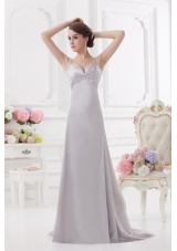 Light Grey Straps Column Prom Dress with Beading and Ruching