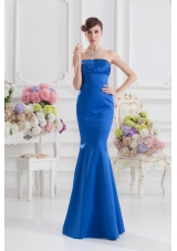 Mermaid Strapless Blue Prom Dress with Ruching and Beading