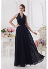 Navy Blue Halter top Long Prom Dress with Ruching and Lace