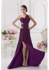 One Shoulder Empire Ruching and High Slit Backless Prom Dres