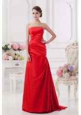 Red Column Strapless Prom Dress with Ruching and Beading