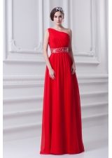 Red Empire One Shoulder Chiffon Prom Dress with Beading and Ruching