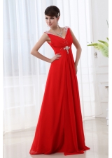 Red V-neck Beading and Ruching Floor-length Chiffon Prom Dress