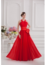 Ruching and Bowknot Halter Top Empire Prom Dress in Red