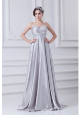 Silver A-line Sweetheart Taffeta Beading Brush Train Prom Dress