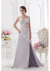 Straps High Slit Criss Cross Watteau Train Prom Dress in Light Grey