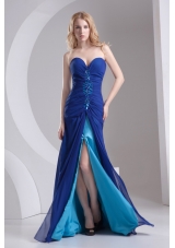 Column Blue Sweetheart Beading High Slit Chiffon Prom Dress