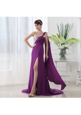 Empire Eggplant Purple Prom Dress with Watteau Trian Strain and Beading Ruching