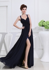 Empire Floor-length Straps Ruching Navy Blue Prom Dress